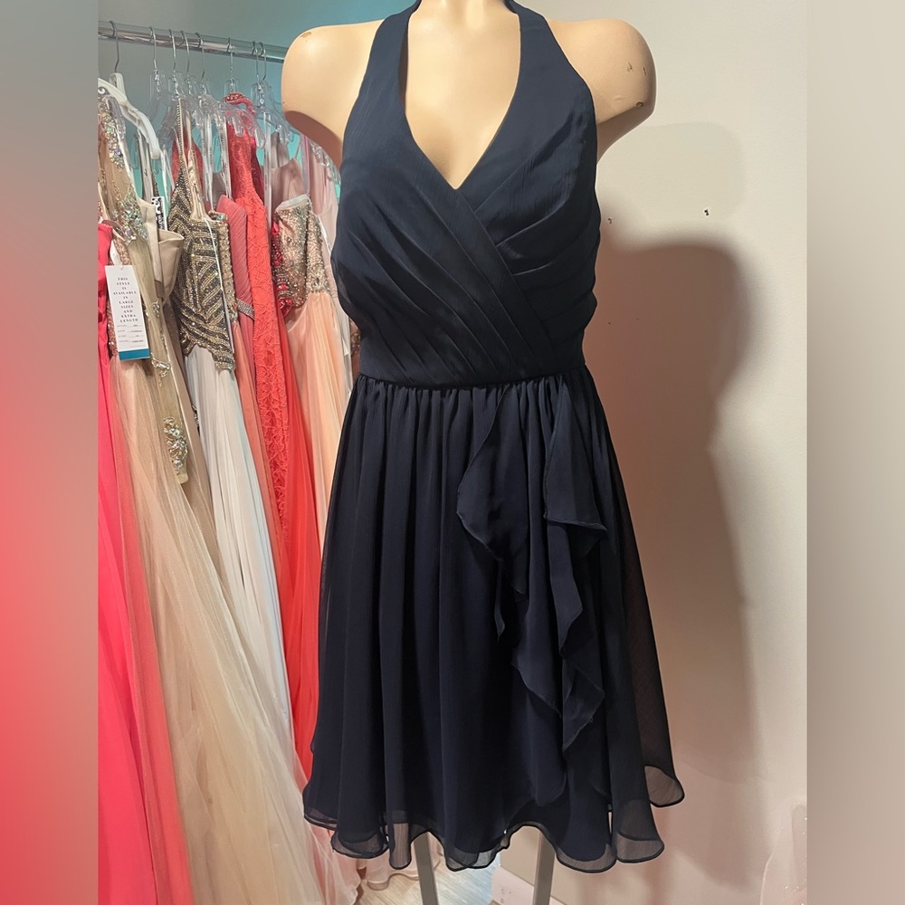 Navy Halter Dress with Slight Side Ruffle. Size 12.